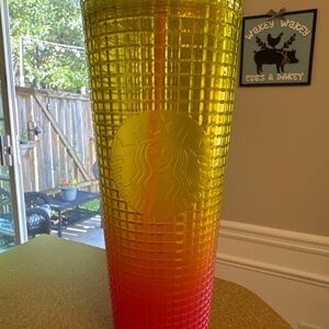 Pink and yellow grid Starbucks tumbler